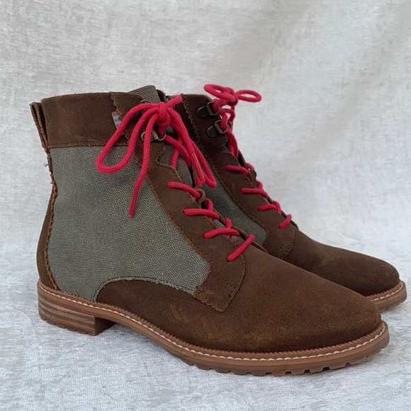 Toms Shoes - Toms Nolita Brown Suede Olive Green Canvas Hot Pink Lace Up Lug Soles Boots